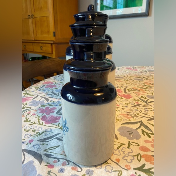 Vintage McCoy Pottery Blue Apple Blossom Canisters, Set of 4 - Picture 3 of 15